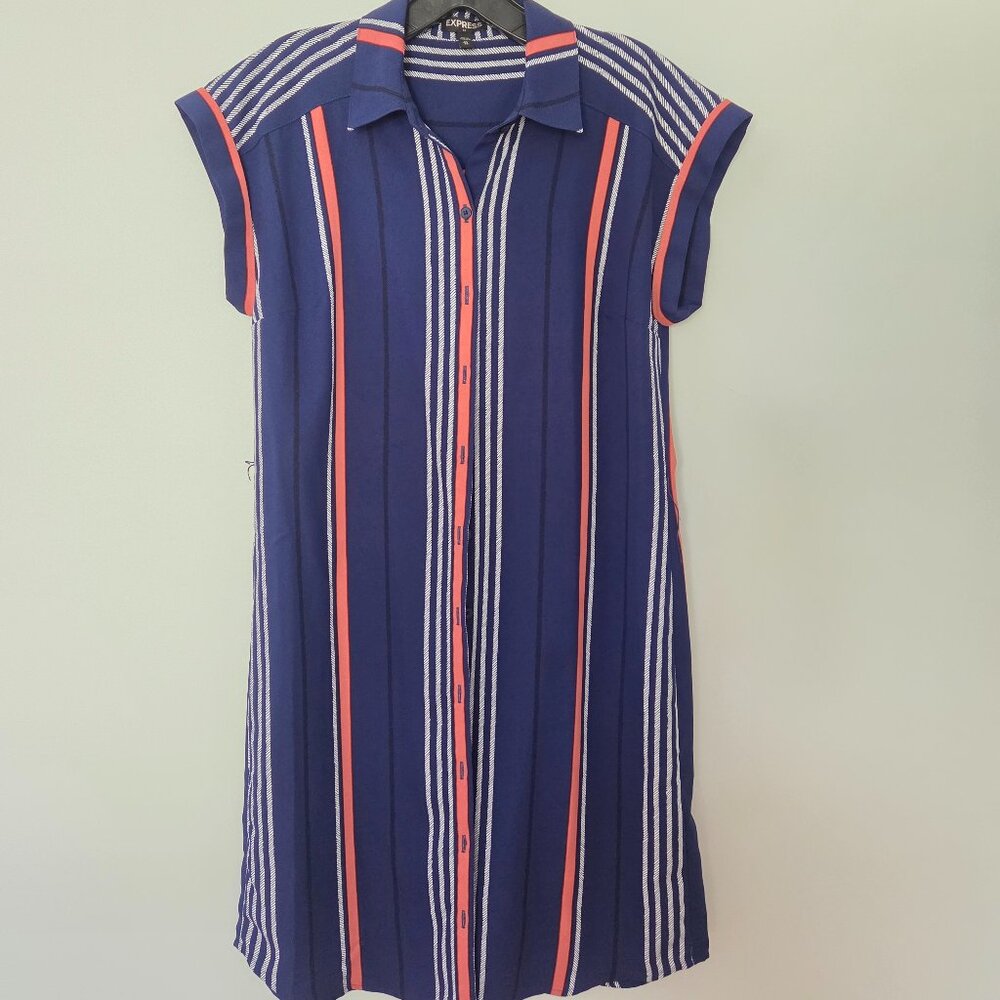 EXPRESS Blue Shirtdress Size XS Striped Dress Front Button